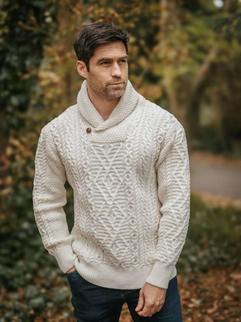 Aran Irish Fisherman Merino Wool Sweater Men's Cable Knit Shawl Pullover Size M